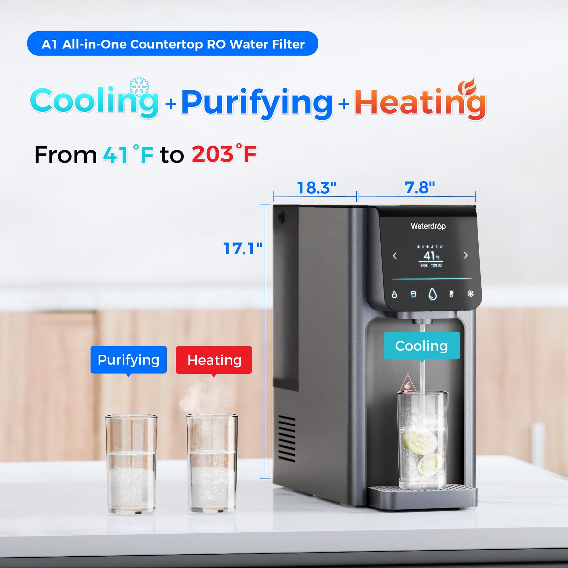 Distributeur d'eau chaude et froide à osmose inverse Waterdrop A1, garantie combinée d'un an