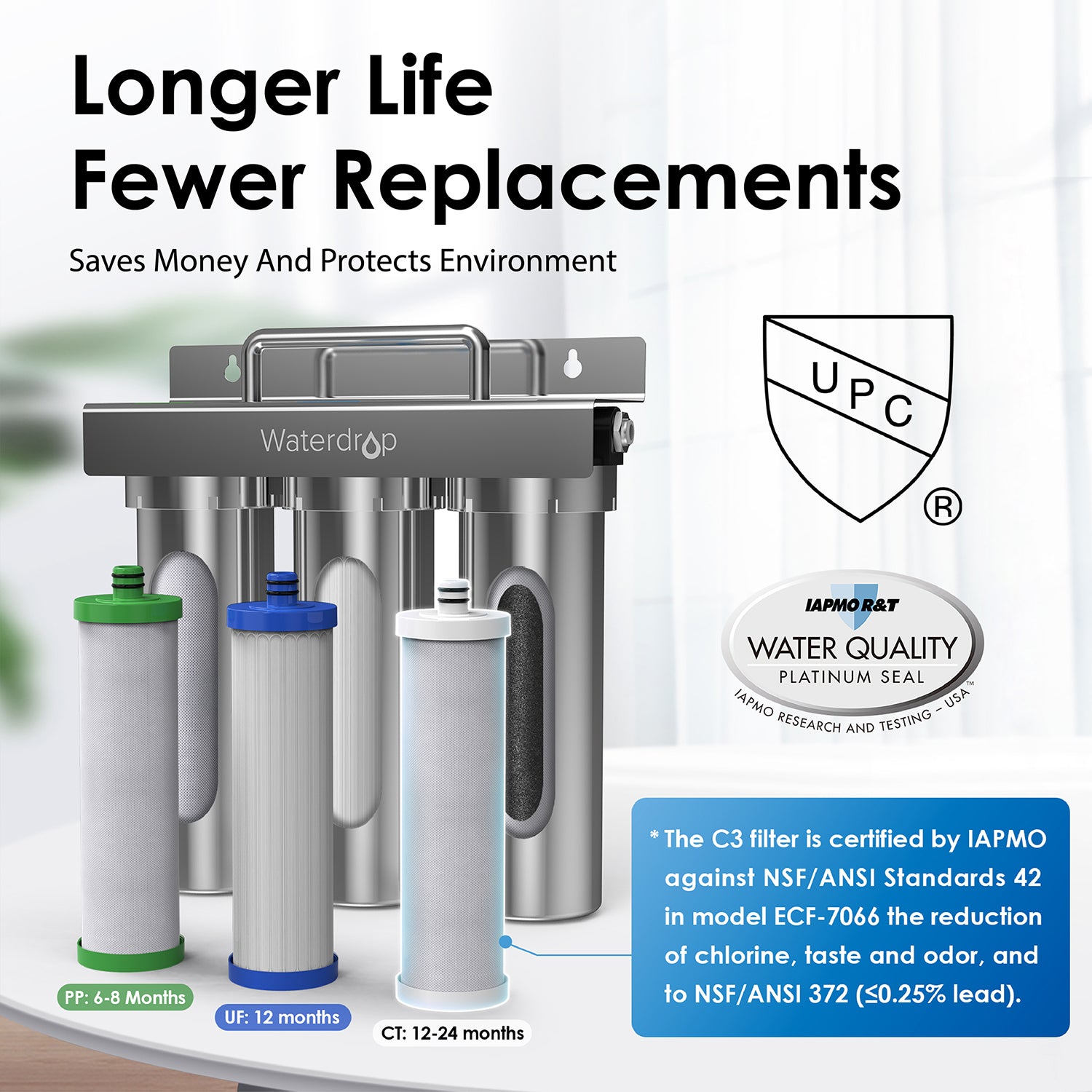 Système de filtration d'eau en acier inoxydable à 3 étapes sous évier Waterdrop TST-UF 