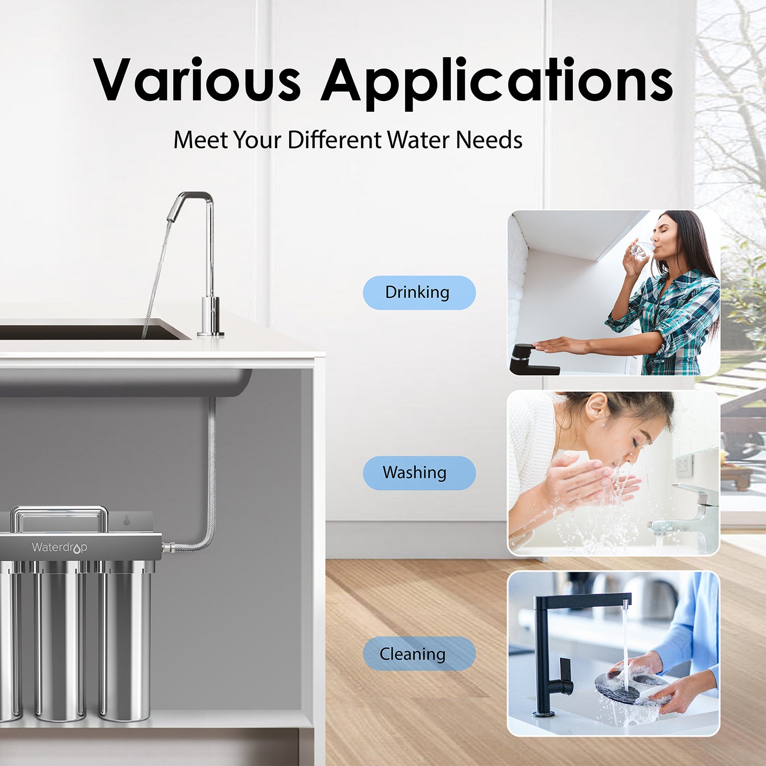 Système de filtration d'eau en acier inoxydable à 3 étapes sous évier Waterdrop TST-UF 