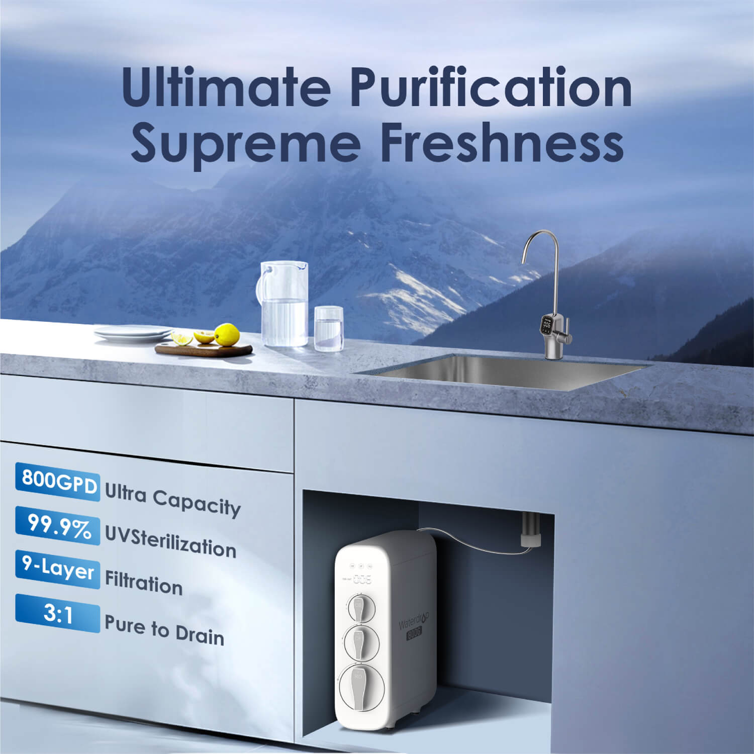 800GPD Remineralization RO System with UV Sterilizing Light - Waterdrop G3P800